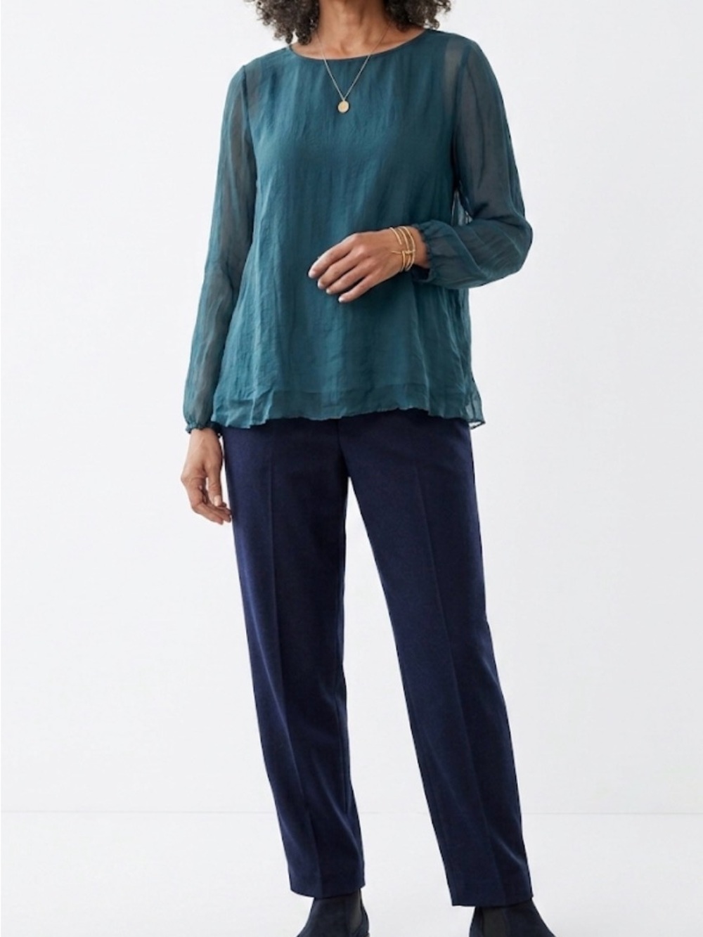 Eileen Fisher Teal Lightweight Long-Sleeve Sheer Silk Blouse